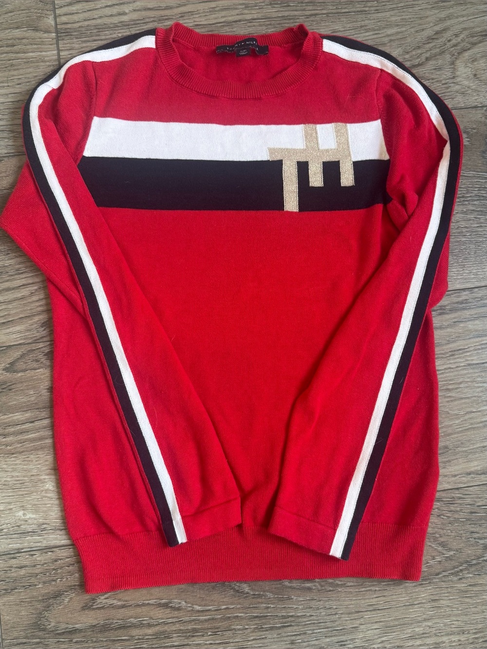 3..Tommy Hilfiger Red Varsity Stripe Metallic Gold TH Logo Sweater | Small